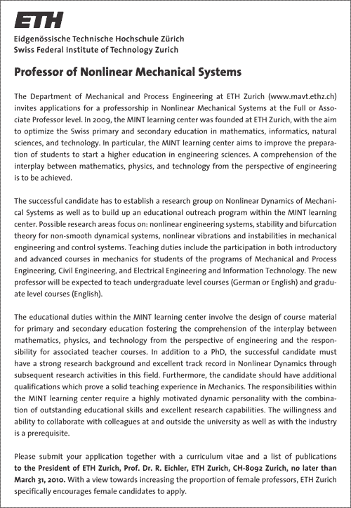 Engineering Jobs Jan. 2010 - ETH Zurich