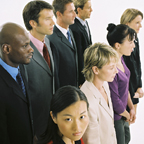 Two Rows Of People Divided By Gender With One Looking Different Direction