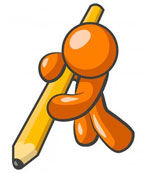 orange man drawing with a large pencil